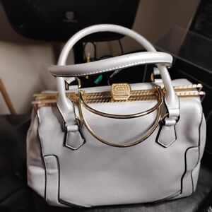 Elegant Gray Handbag with Gold Accents
